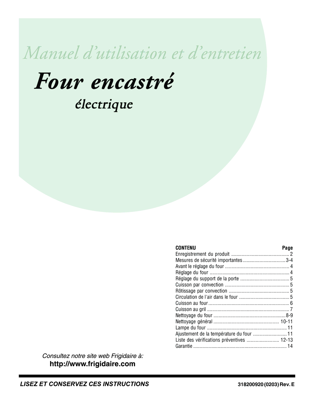 Frigidaire 318200920 important safety instructions Four encastré 