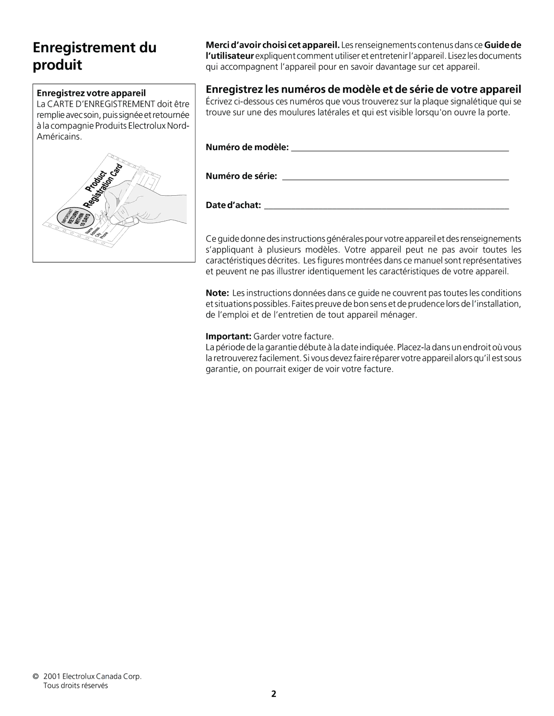 Frigidaire 318200920 Enregistrement du produit, Enregistrez votre appareil, Numéro de modèle Numéro de série Date d’achat 