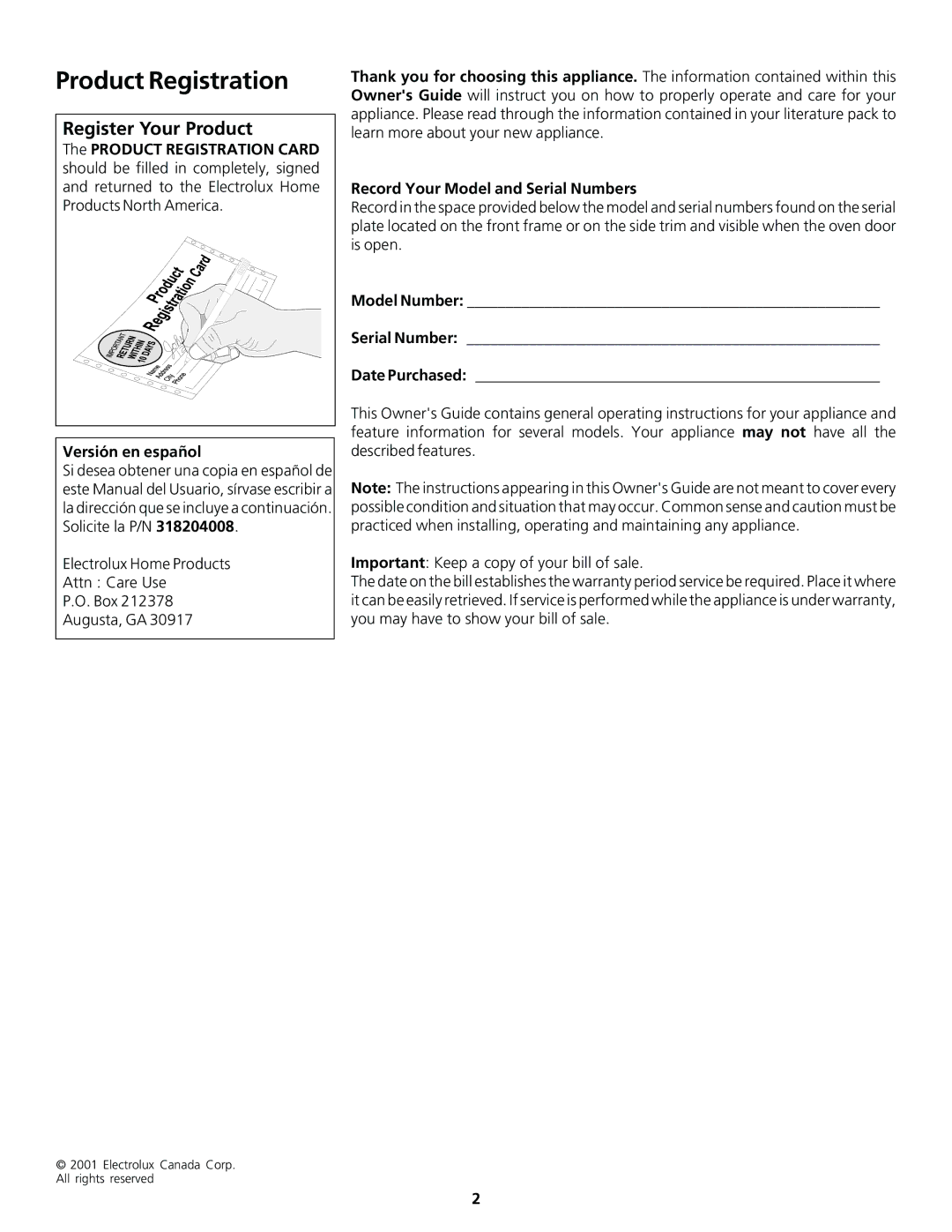 Frigidaire 318200920 Product Registration, Register Your Product, Model Number Serial Number Date Purchased 