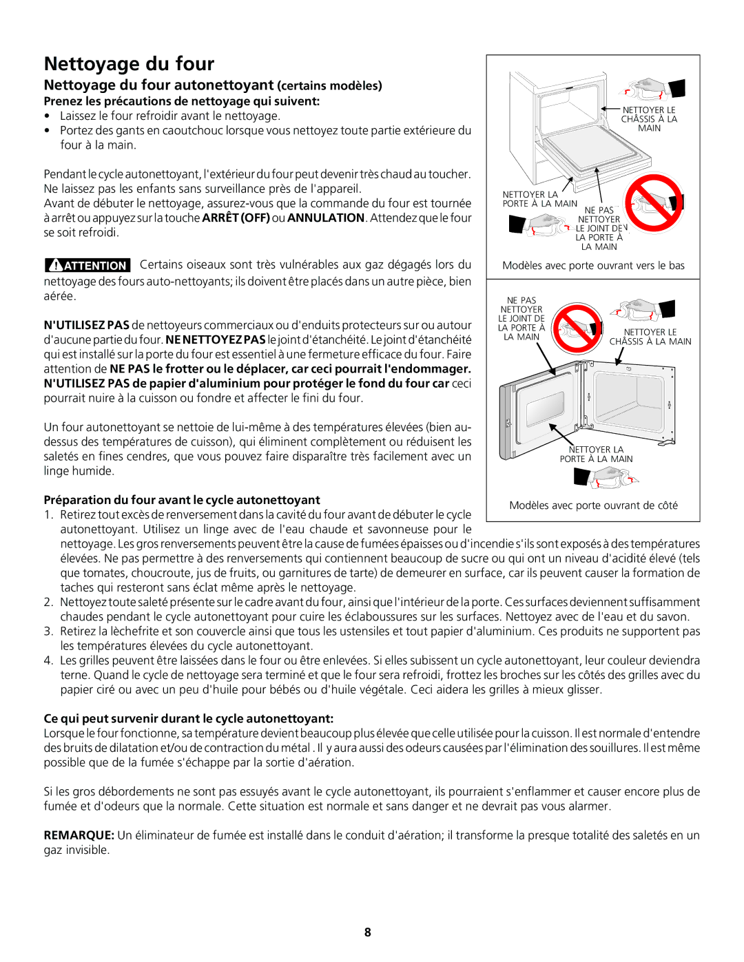 Frigidaire 318200920 Nettoyage du four autonettoyant certains modèles, Prenez les précautions de nettoyage qui suivent 