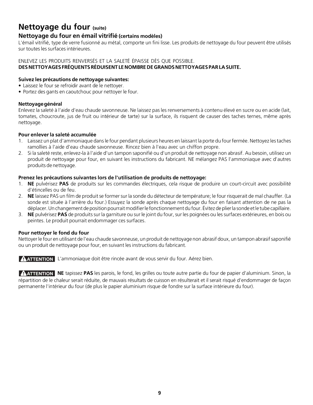 Frigidaire 318200920 Nettoyage du four suite, Nettoyage du four en émail vitrifié certains modèles 