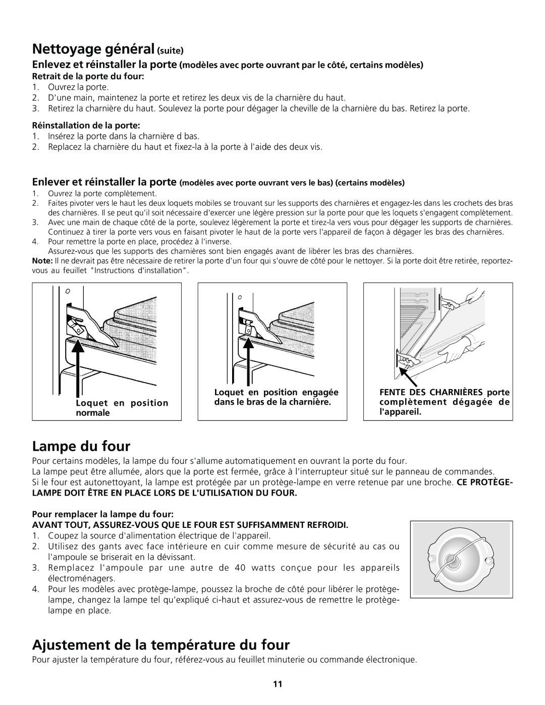 Frigidaire 318200920 Nettoyage général suite, Lampe du four, Ajustement de la température du four 