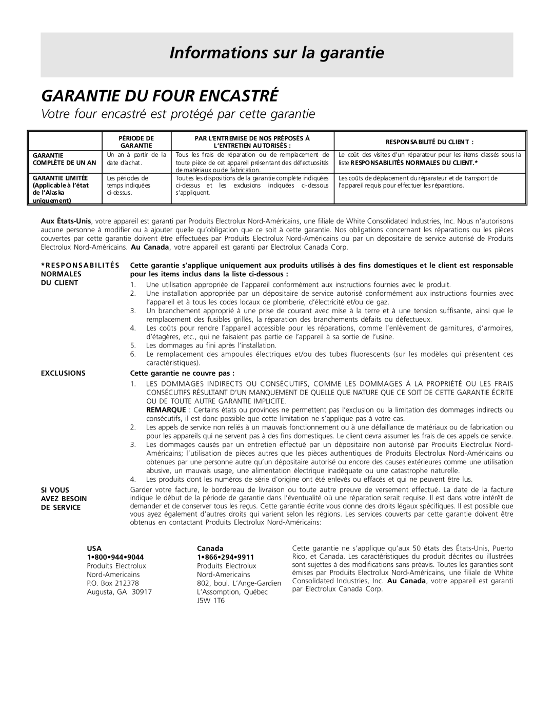 Frigidaire 318200920 important safety instructions Garantie DU Four Encastré 