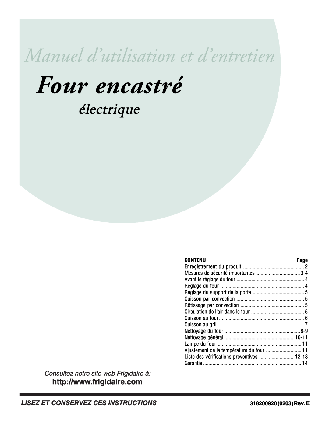 Frigidaire important safety instructions Four encastré, électrique, Contenu, 318200920 0203 Rev. E 