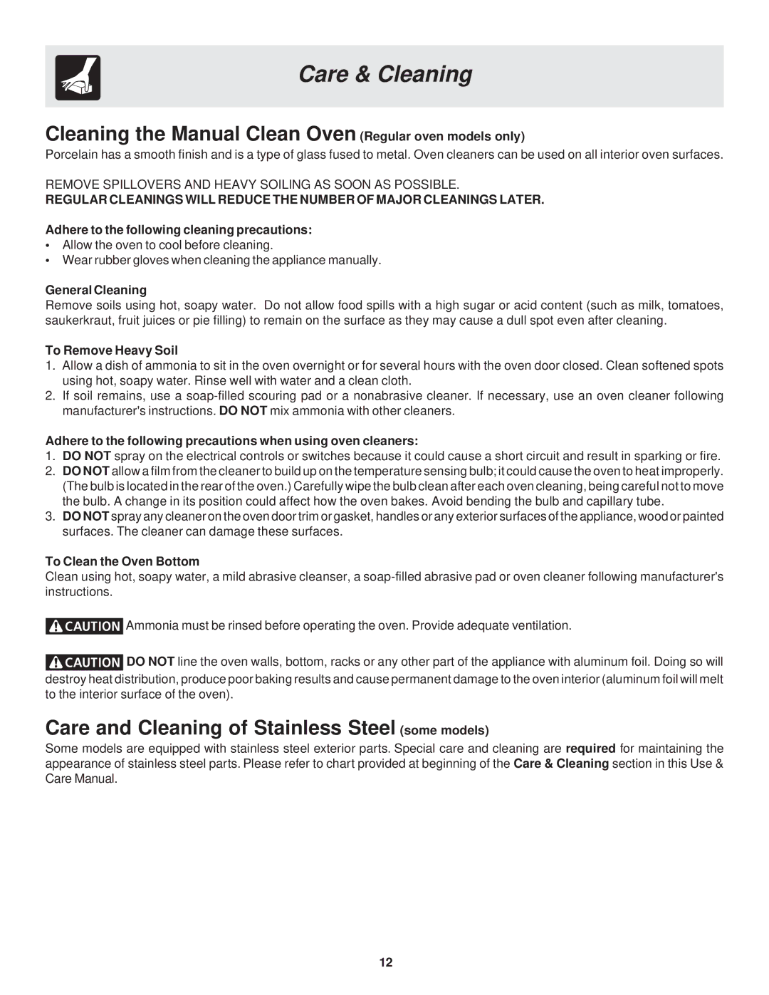 Frigidaire 318200929 Cleaning the Manual Clean Oven Regular oven models only, General Cleaning, To Remove Heavy Soil 