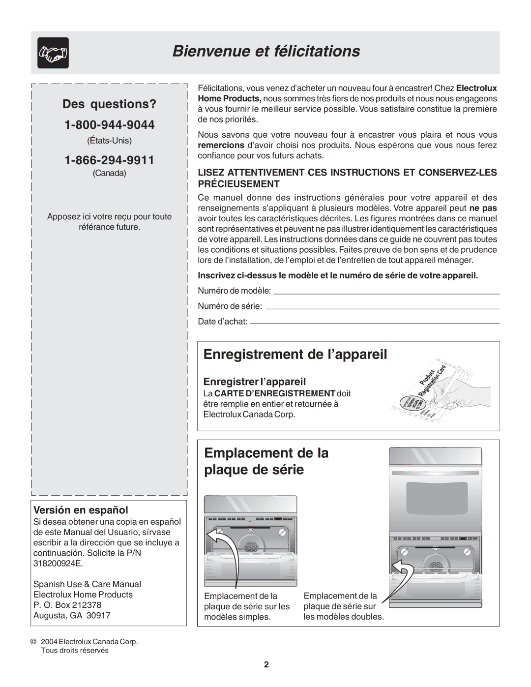 Frigidaire 318200929 warranty Bienvenue et félicitations, Enregistrement de l’appareil, Emplacement de la plaque de série 