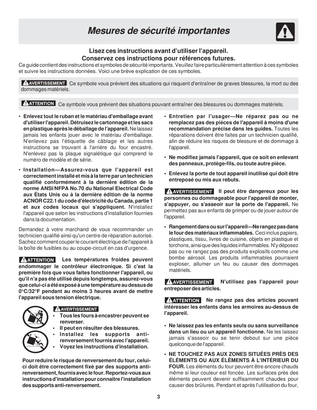 Frigidaire 318200929 warranty Mesures de sécurité importantes, Voyez les instructions dinstallation 