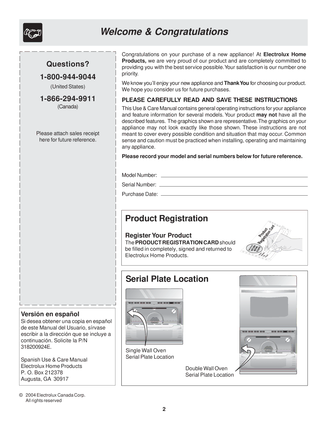 Frigidaire 318200929 warranty Welcome & Congratulations, Product Registration, Serial Plate Location, Questions? 