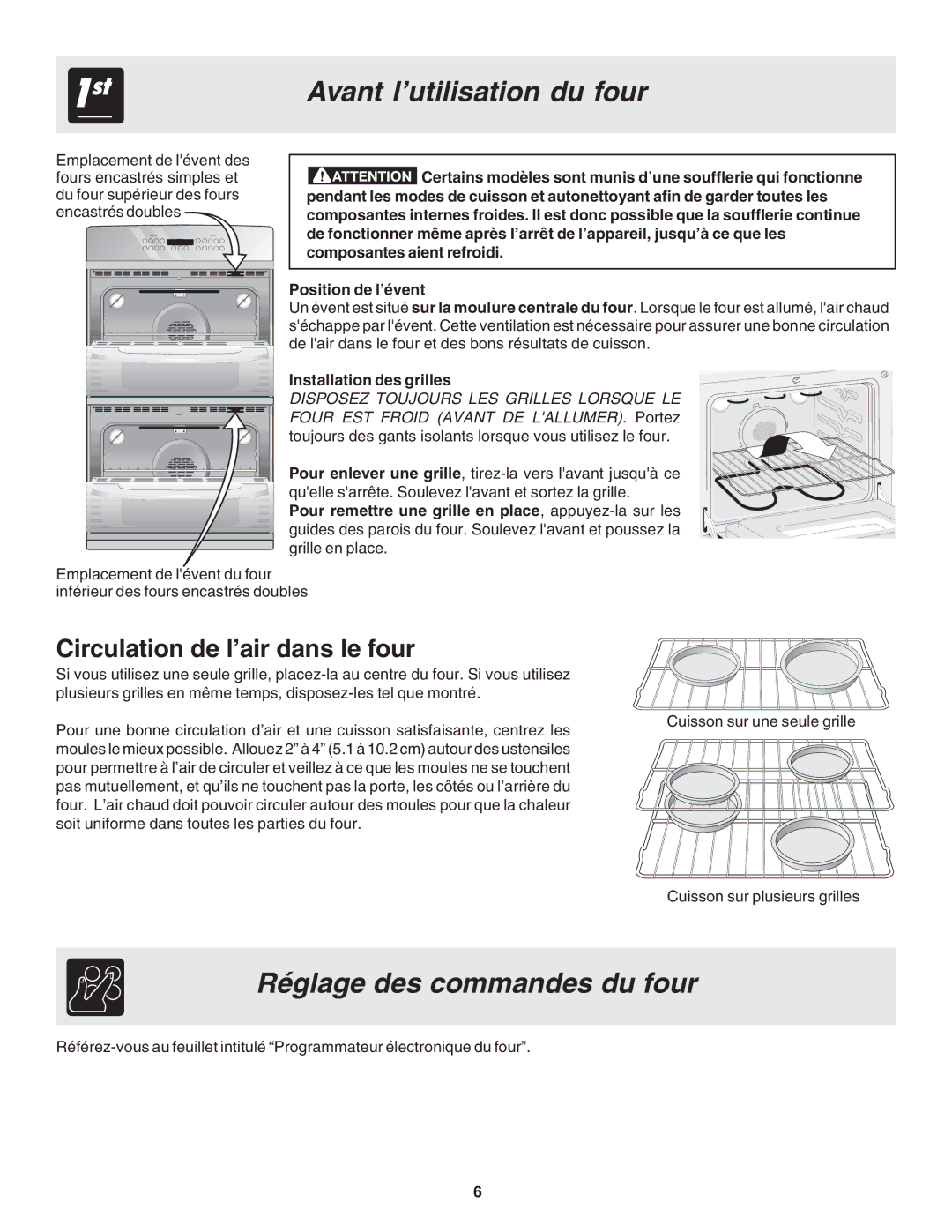 Frigidaire 318200929 warranty Avant l’utilisation du four, Réglage des commandes du four, Circulation de l’air dans le four 