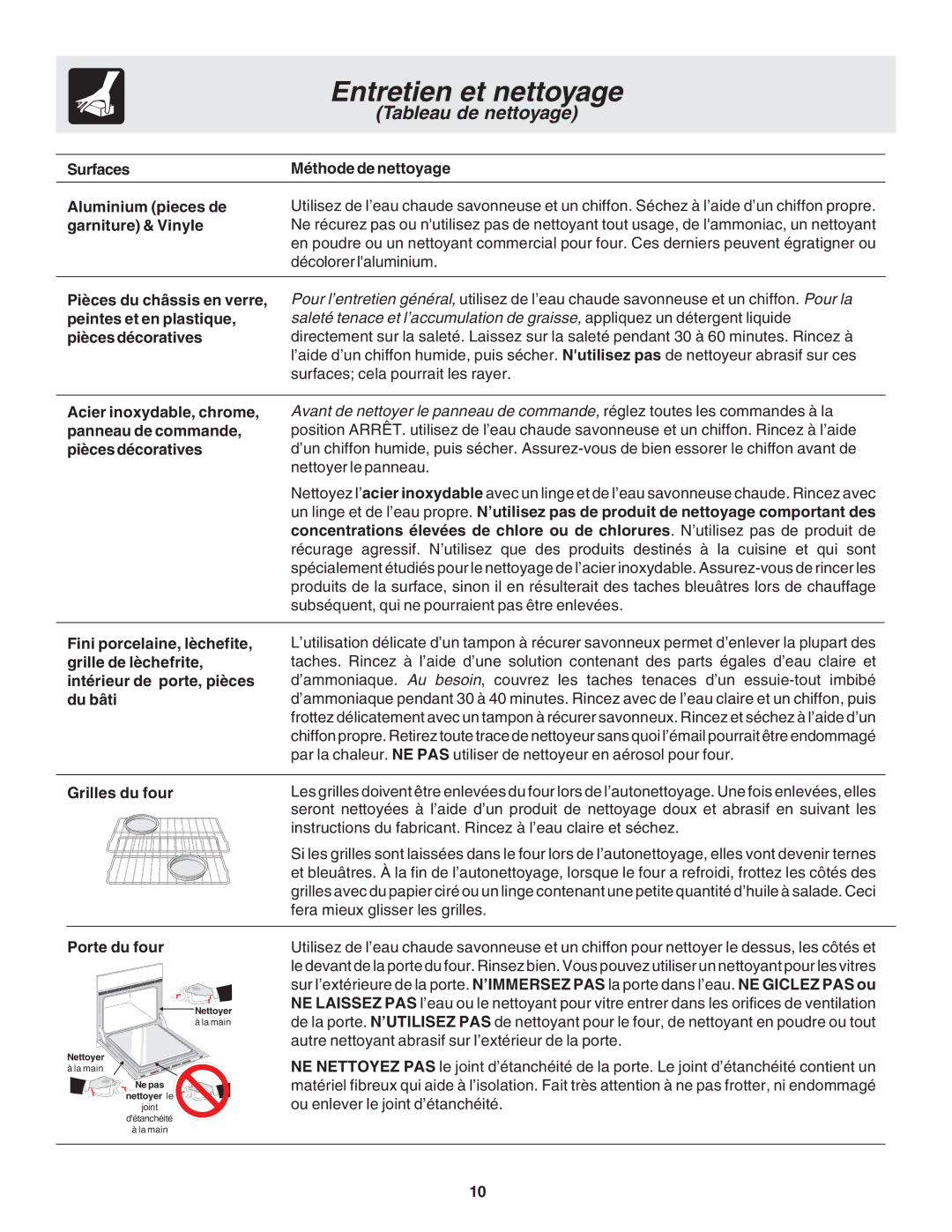 Frigidaire 318200929 warranty Entretien et nettoyage, Grilles du four, Porte du four 