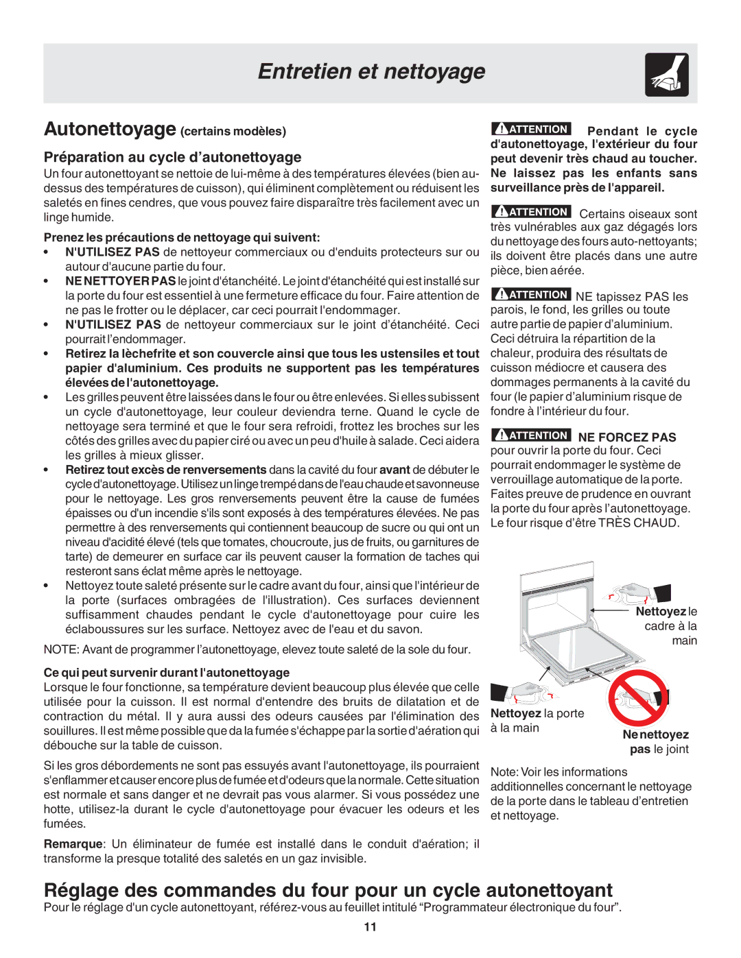 Frigidaire 318200929 Réglage des commandes du four pour un cycle autonettoyant, Préparation au cycle d’autonettoyage 