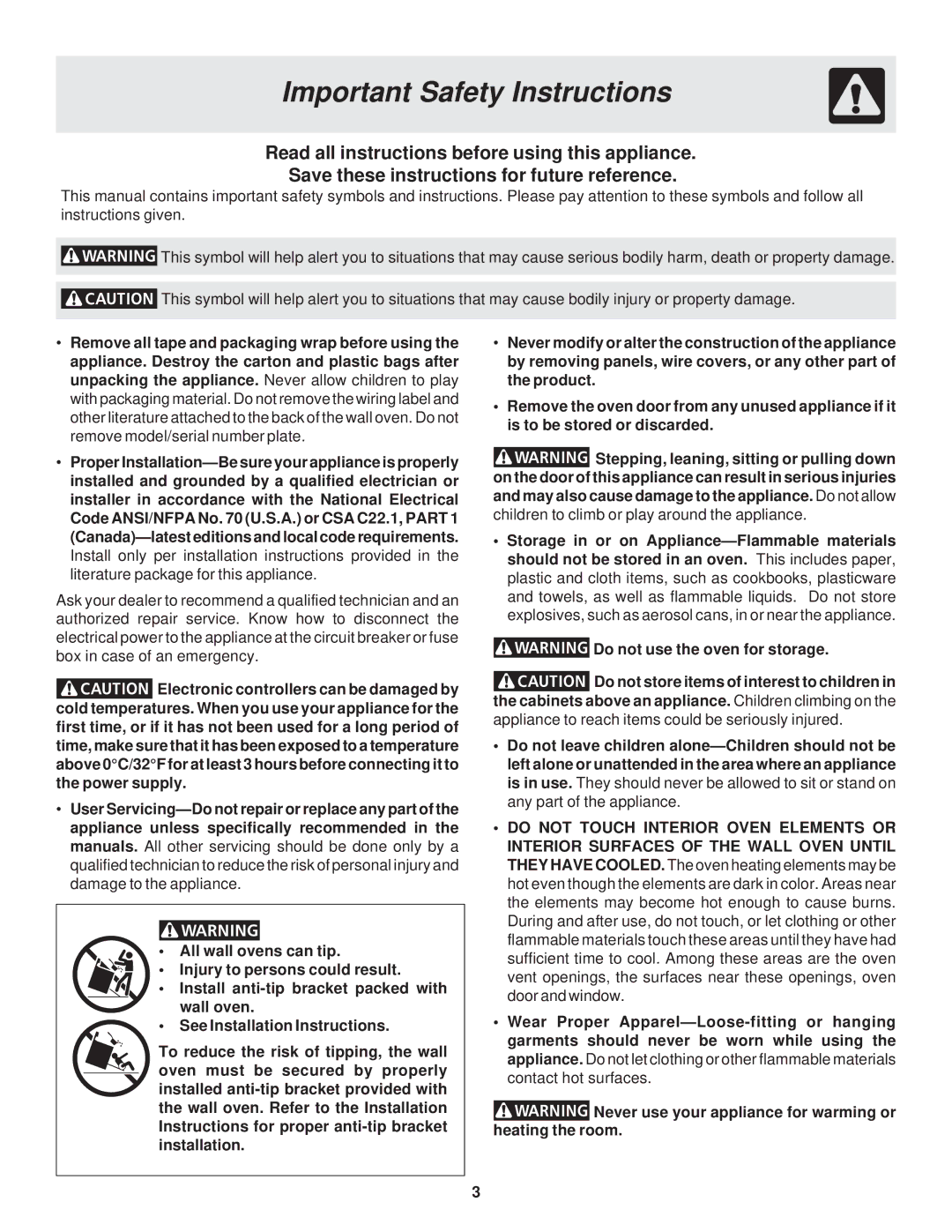 Frigidaire 318200929 warranty Important Safety Instructions 