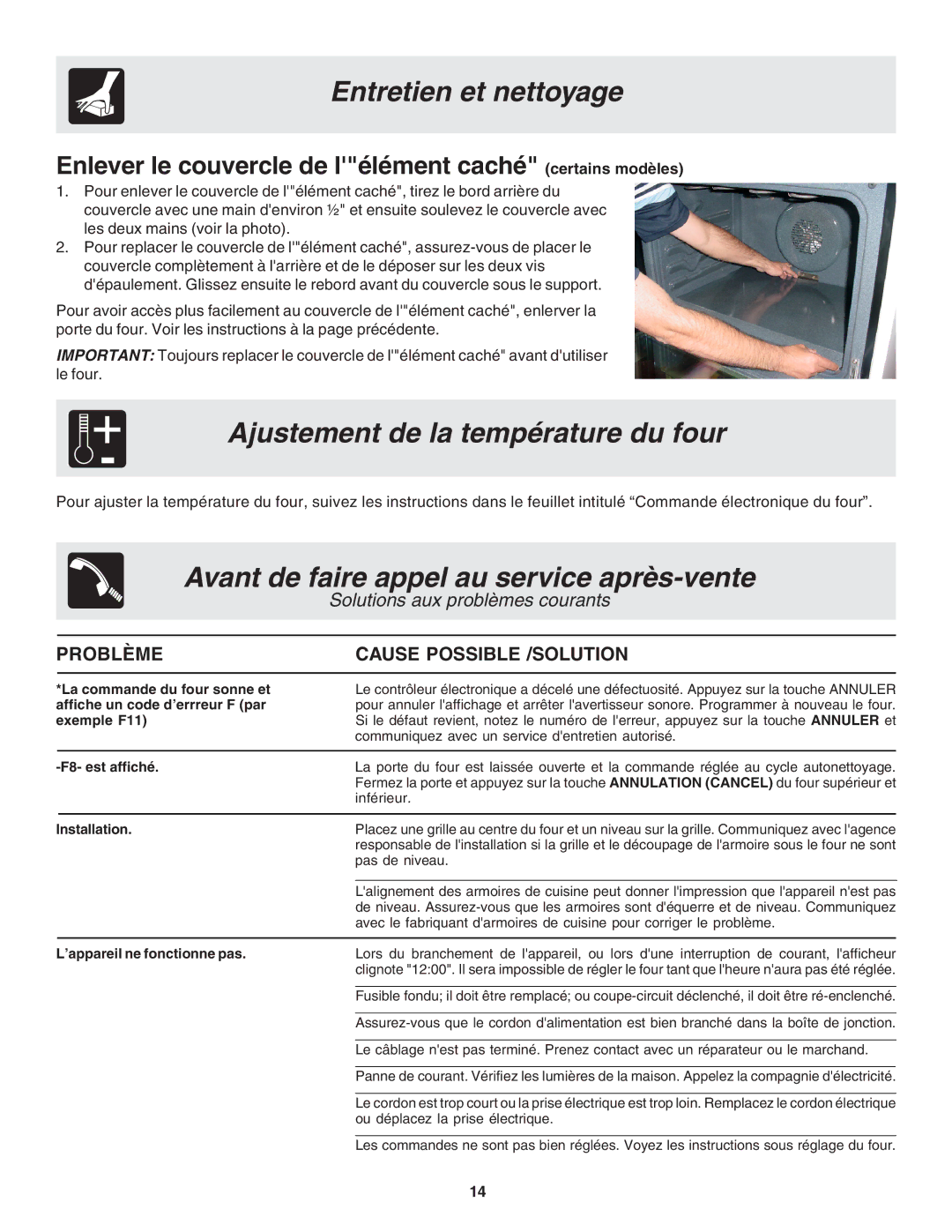 Frigidaire 318200929 warranty Ajustement de la température du four, Avant de faire appel au service après-vente 