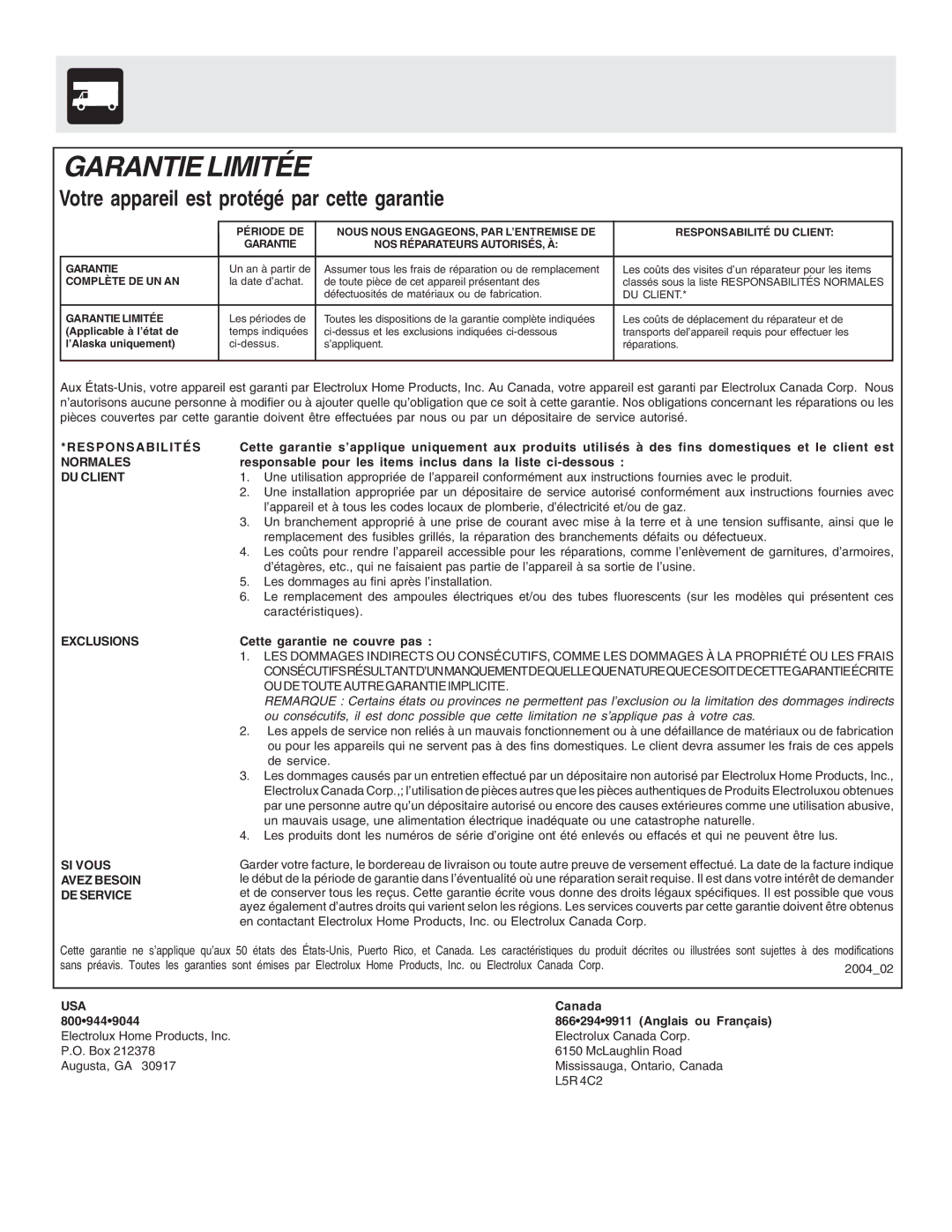 Frigidaire 318200929 warranty Garantie Limitée, Votre appareil est protégé par cette garantie 