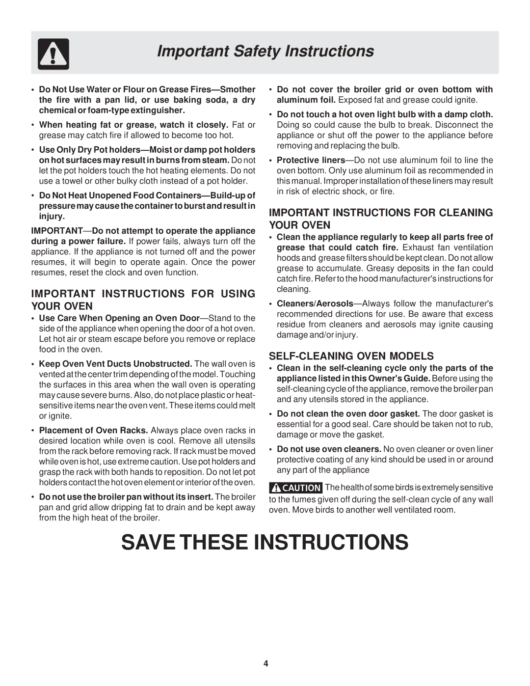 Frigidaire 318200929 warranty Important Instructions for Using Your Oven, Important Instructions for Cleaning Your Oven 