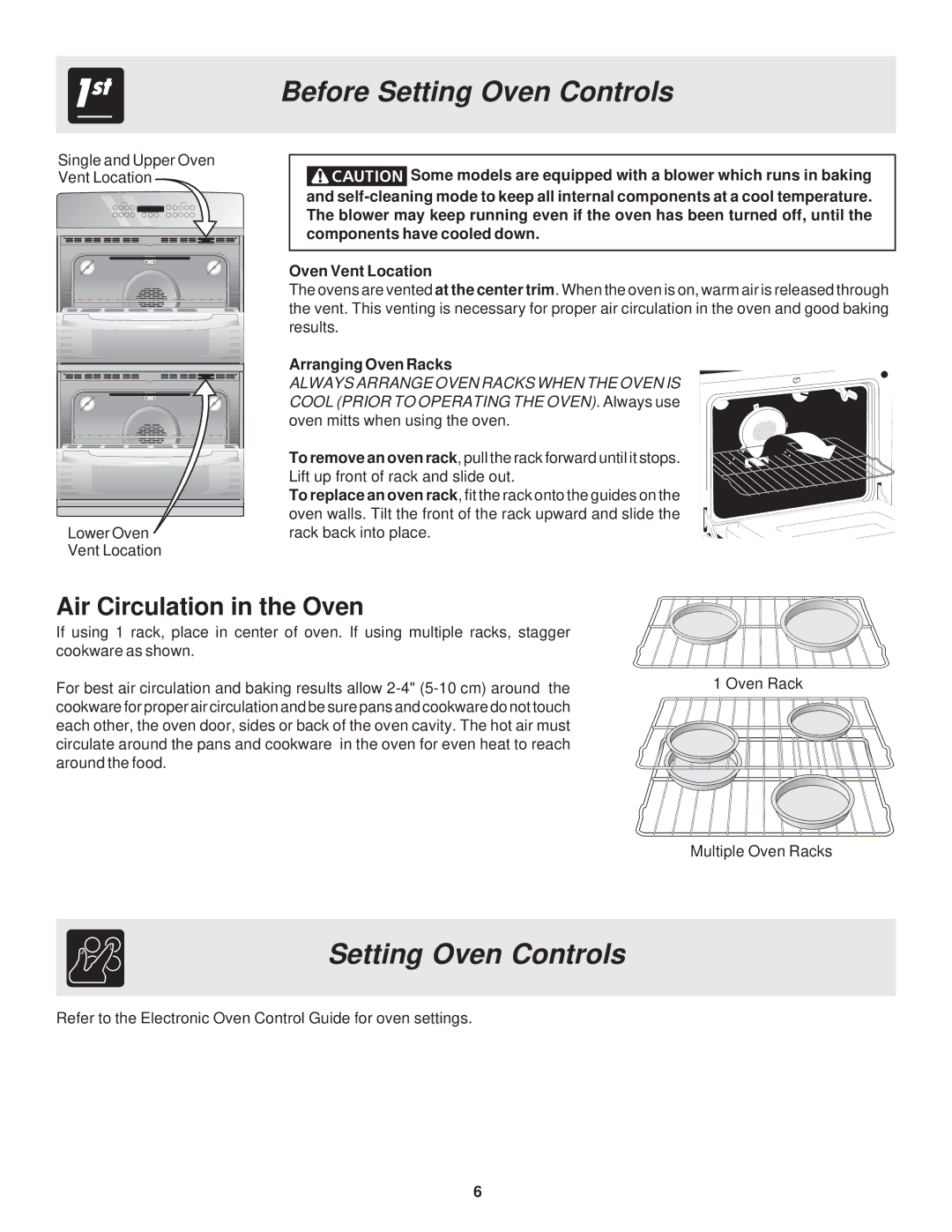 Frigidaire 318200929 warranty Before Setting Oven Controls, Air Circulation in the Oven, Arranging Oven Racks 