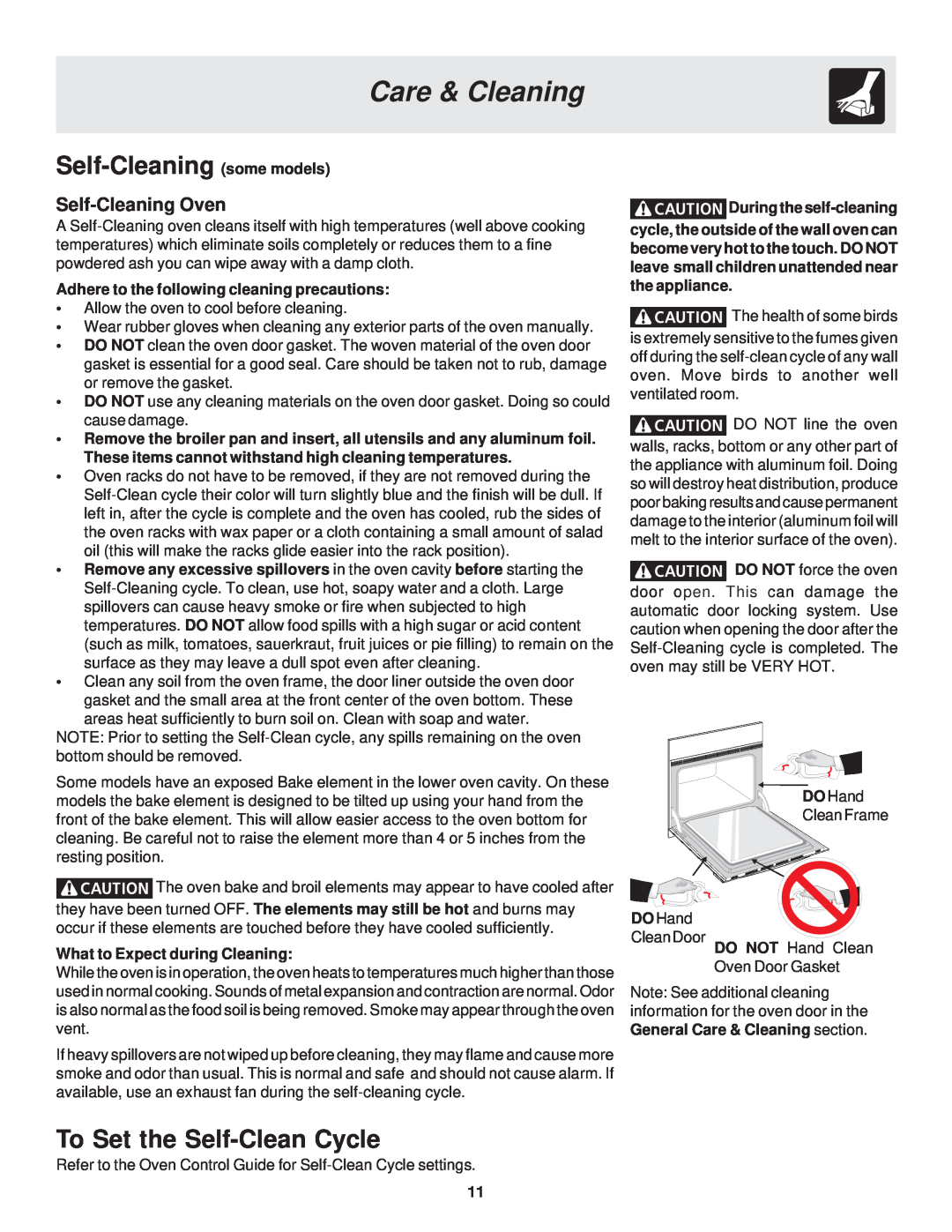 Frigidaire 318200929 warranty Self-Cleaning some models, To Set the Self-Clean Cycle, Care & Cleaning, Self-Cleaning Oven 