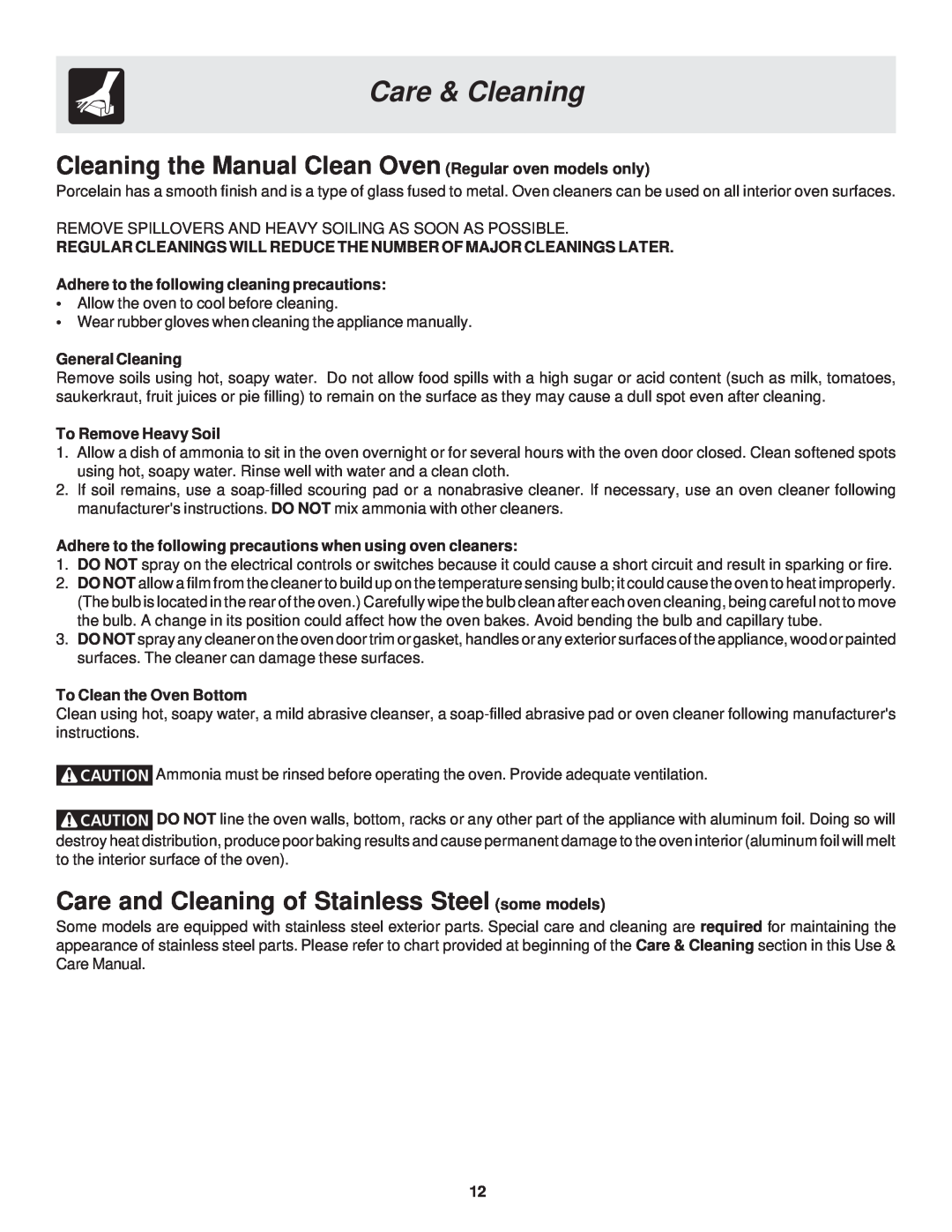 Frigidaire 318200929 warranty Cleaning the Manual Clean Oven Regular oven models only, Care & Cleaning, General Cleaning 