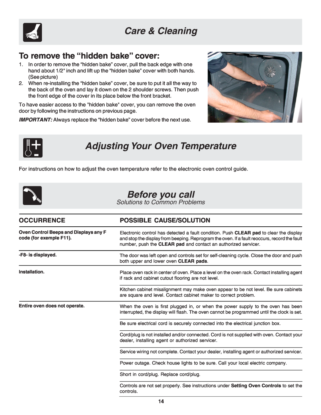 Frigidaire 318200929 Adjusting Your Oven Temperature, Before you call, To remove the “hidden bake” cover, Care & Cleaning 