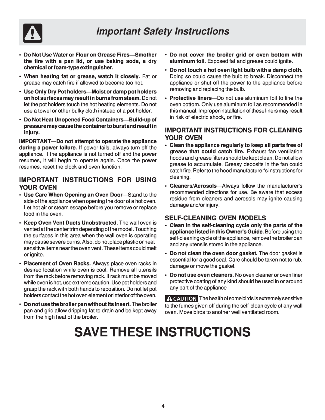 Frigidaire 318200929 Save These Instructions, Important Safety Instructions, Important Instructions For Using Your Oven 