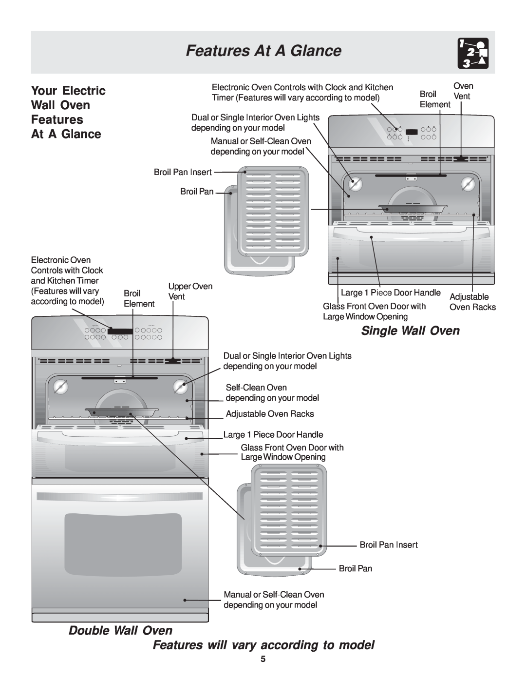 Frigidaire 318200929 Features At A Glance, Double Wall Oven Features will vary according to model, Single Wall Oven 