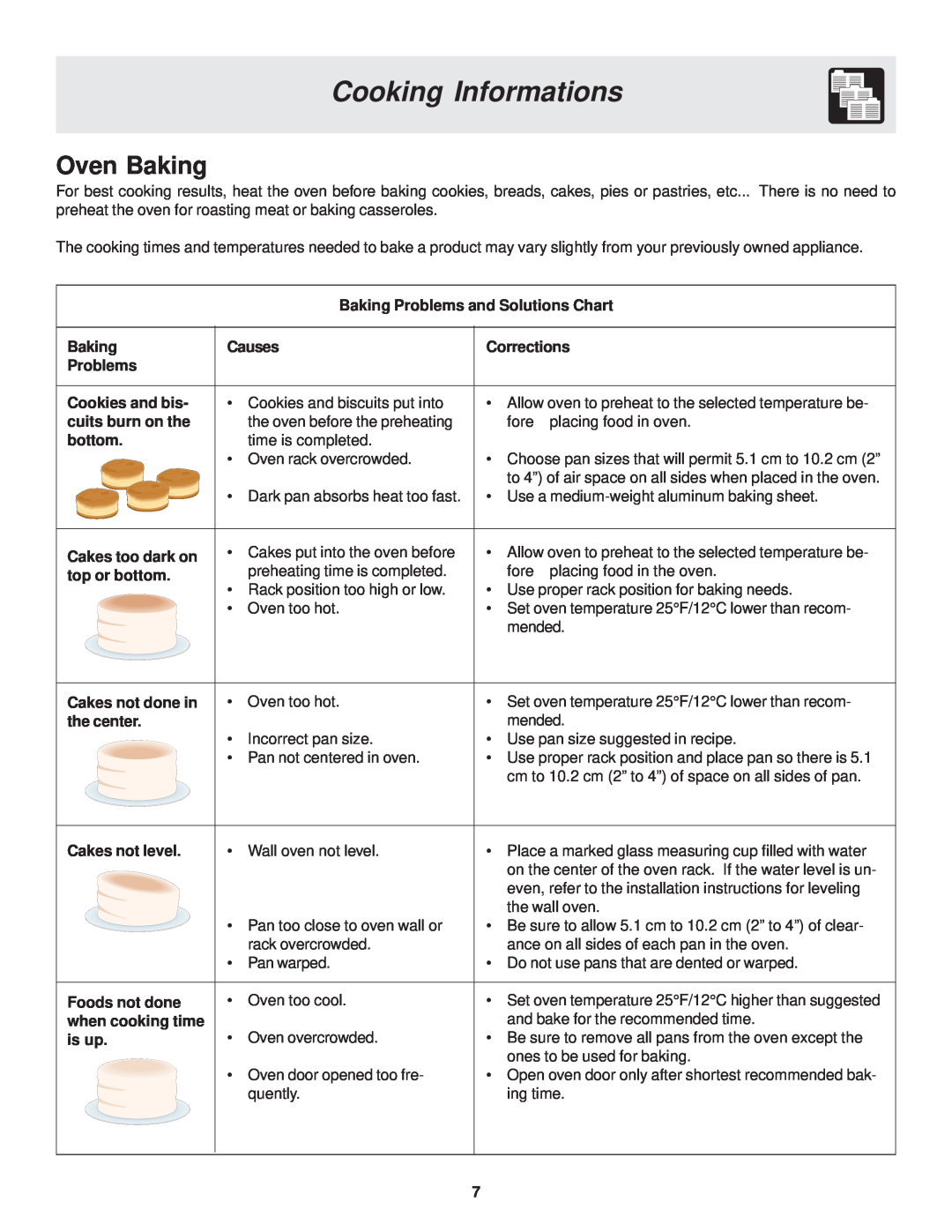 Frigidaire 318200929 Cooking Informations, Oven Baking, Baking Problems and Solutions Chart, Causes, Corrections, bottom 