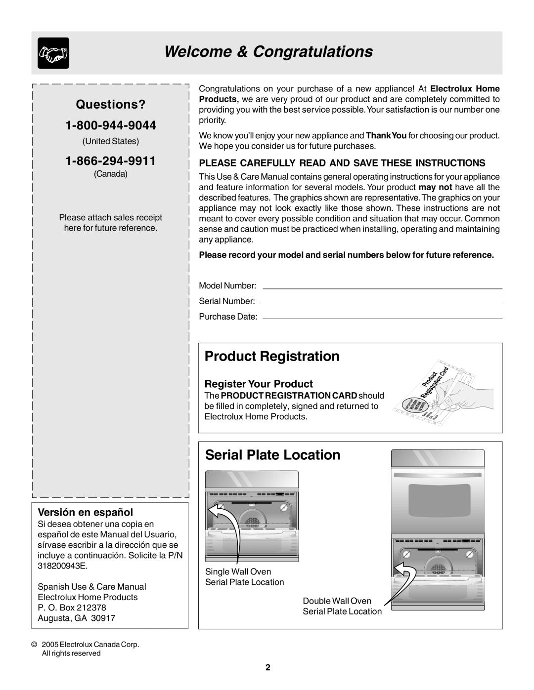 Frigidaire 318200943 warranty Welcome & Congratulations, Product Registration, Serial Plate Location 