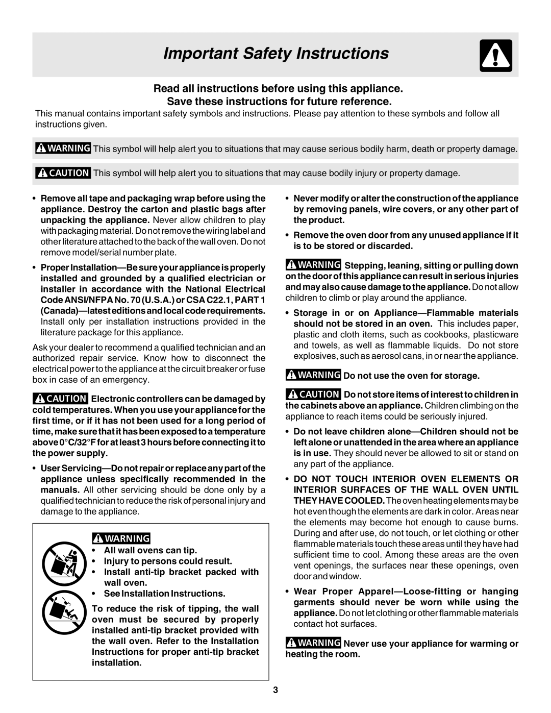 Frigidaire 318200943 warranty Important Safety Instructions 