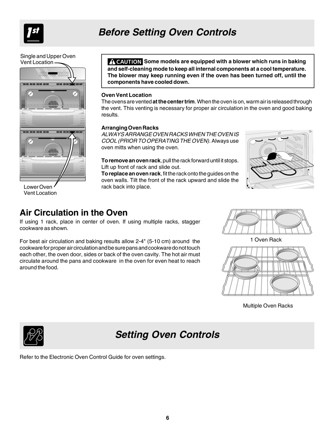 Frigidaire 318200943 warranty Before Setting Oven Controls, Air Circulation in the Oven, Arranging Oven Racks 