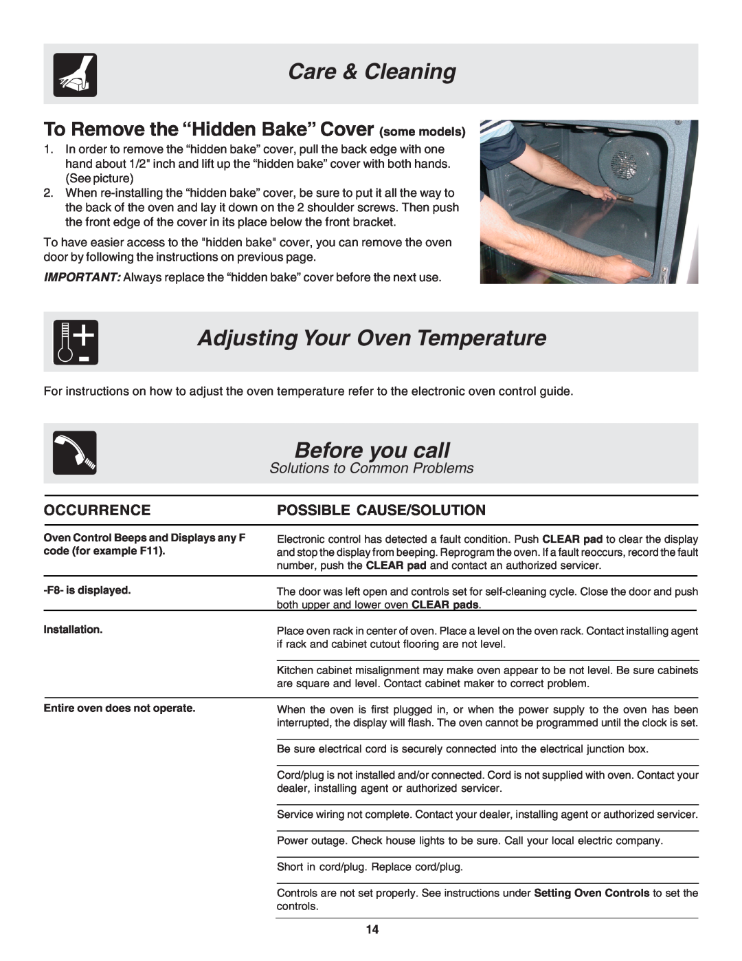 Frigidaire 318200943 Adjusting Your Oven Temperature, Before you call, To Remove the “Hidden Bake” Cover some models 