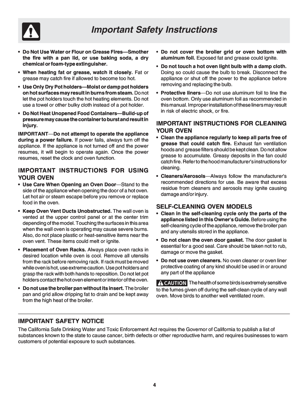 Frigidaire 318200943 warranty Important Instructions For Using Your Oven, Important Instructions For Cleaning Your Oven 