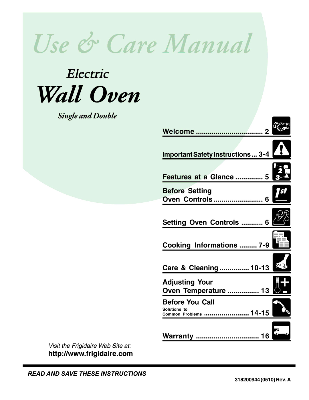 Frigidaire manual Wall Oven, 318200944 0510 Rev. a 