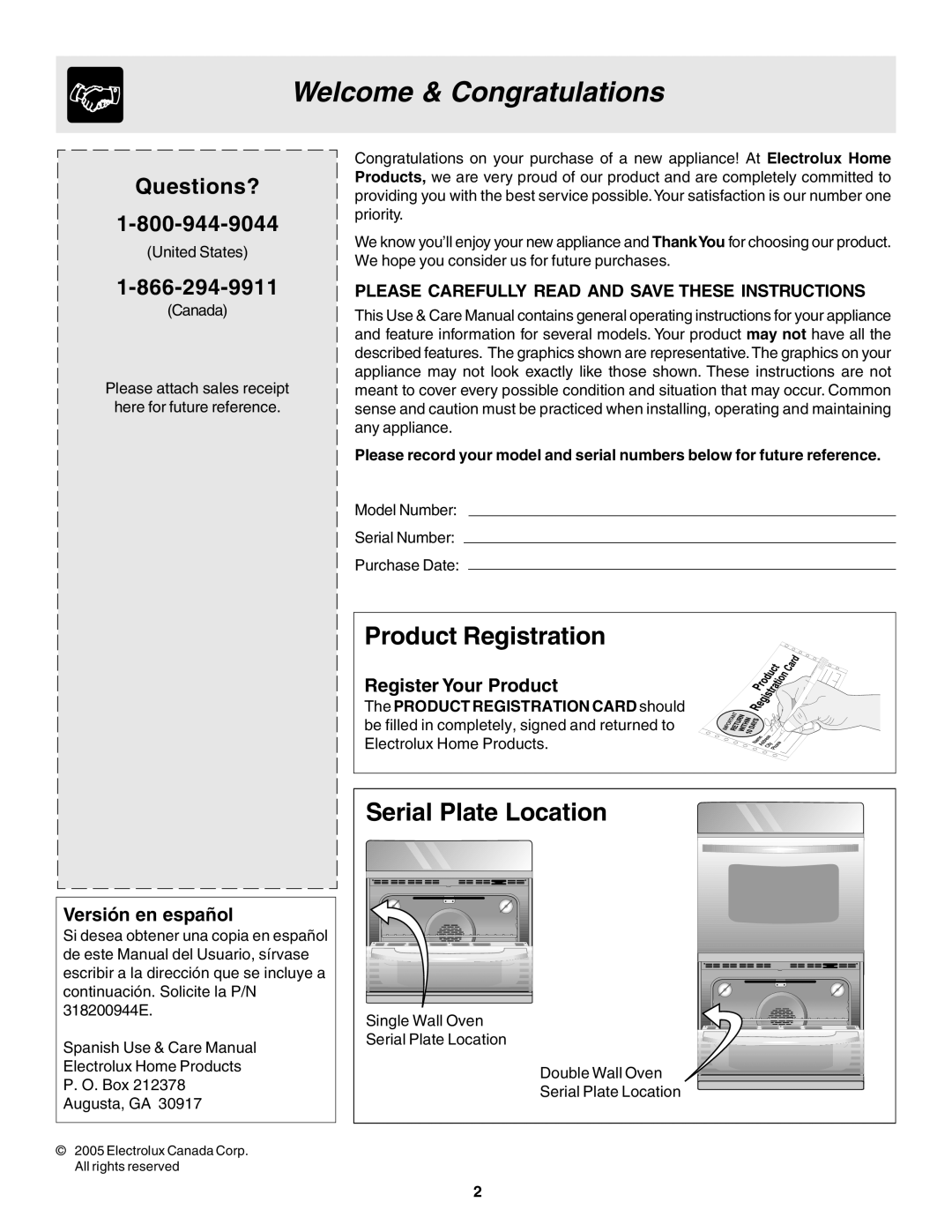 Frigidaire 318200944 manual Welcome & Congratulations, Product Registration, Serial Plate Location 