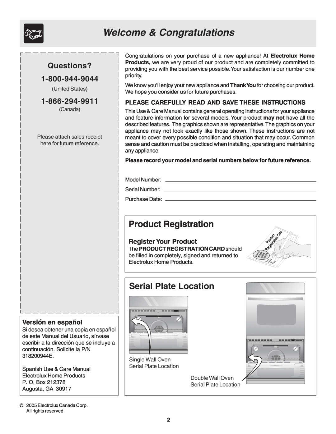 Frigidaire 318200944 manual Welcome & Congratulations, Product Registration, Serial Plate Location, Questions? 