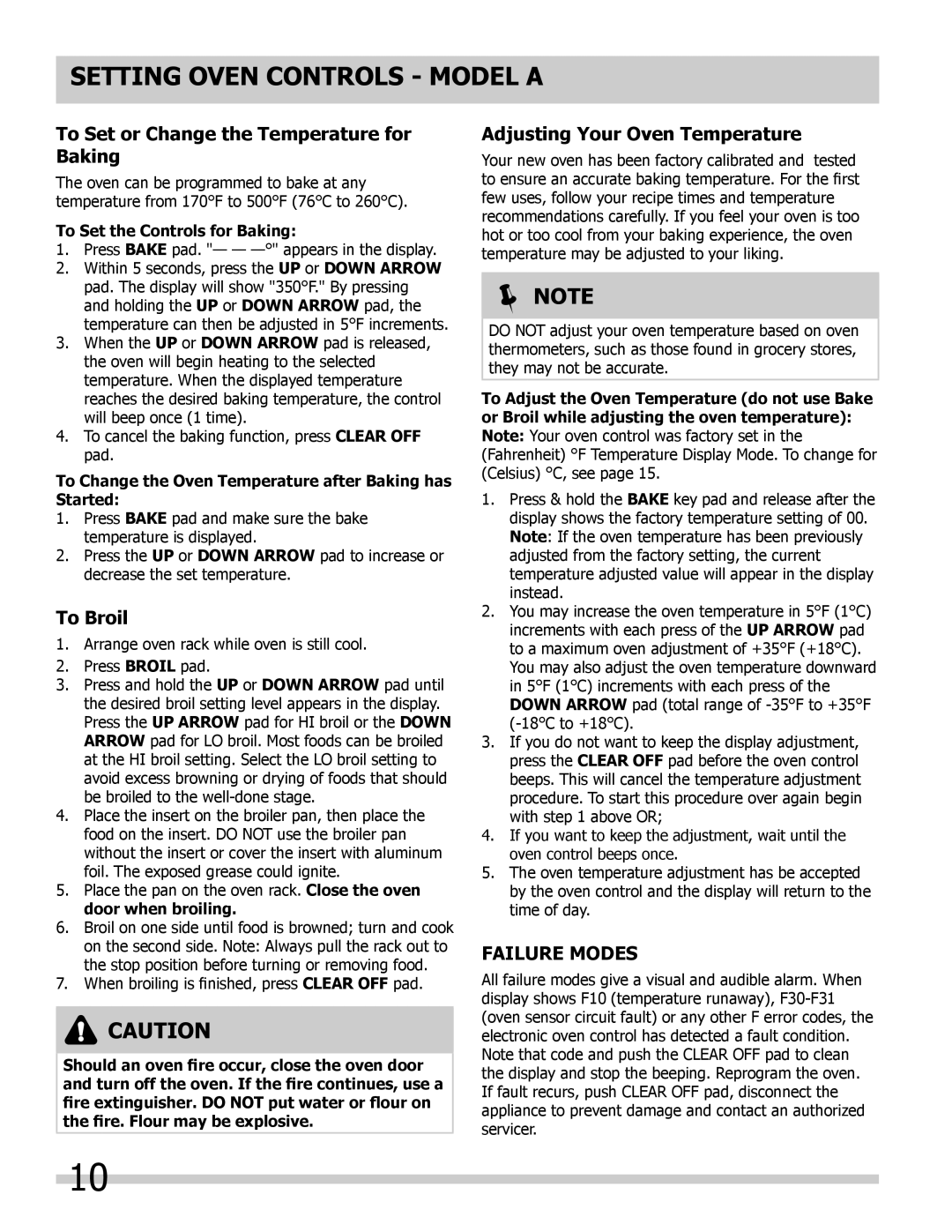 Frigidaire 318200964 To Set or Change the Temperature for Baking, To Broil, Adjusting Your Oven Temperature, Failure Modes 