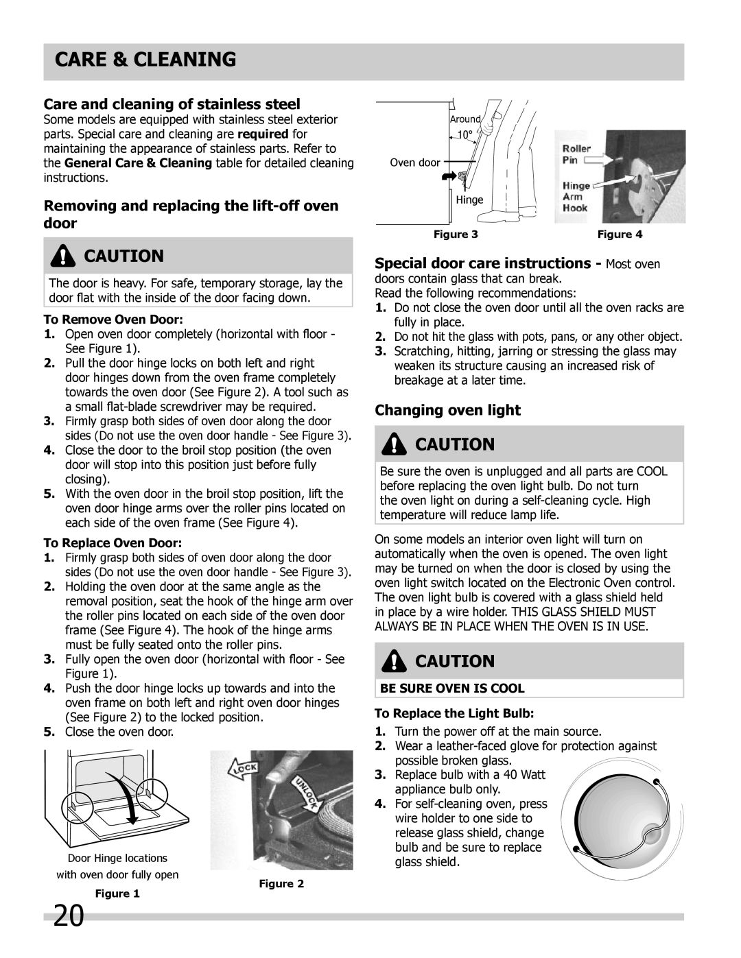 Frigidaire 318200964 Care and cleaning of stainless steel, Removing and replacing the lift-off oven door 