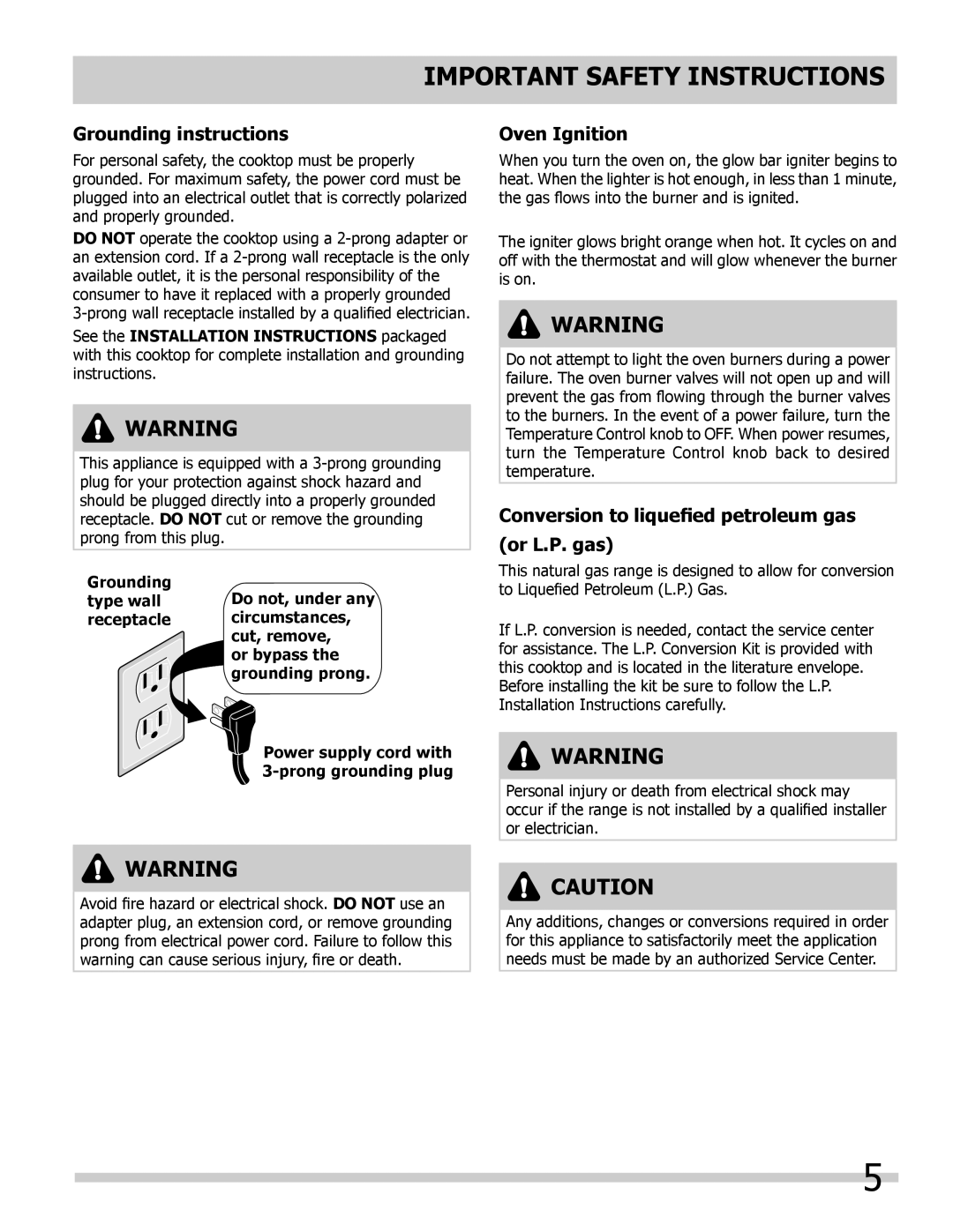 Frigidaire 318200964 Grounding instructions, Oven Ignition, Conversion to liquefied petroleum gas or L.P. gas 