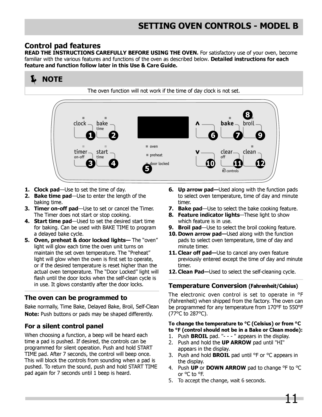 Frigidaire 318200964 Setting OVEN controls - Model B, The oven can be programmed to, For a silent control panel,  Note 