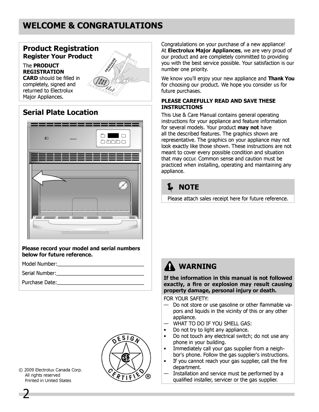 Frigidaire 318200964 Welcome & Congratulations, Product Registration, Serial Plate Location,  Note, Register Your Product 