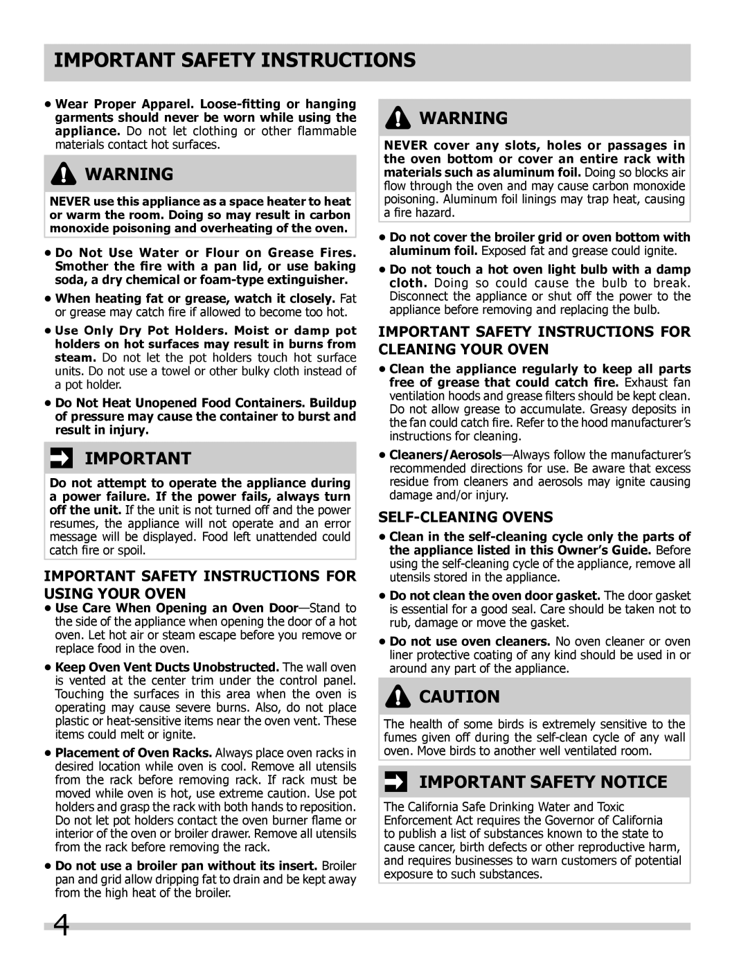 Frigidaire 318200964 Important Safety Notice, Important Safety Instructions For Using Your Oven, Self-Cleaning Ovens 