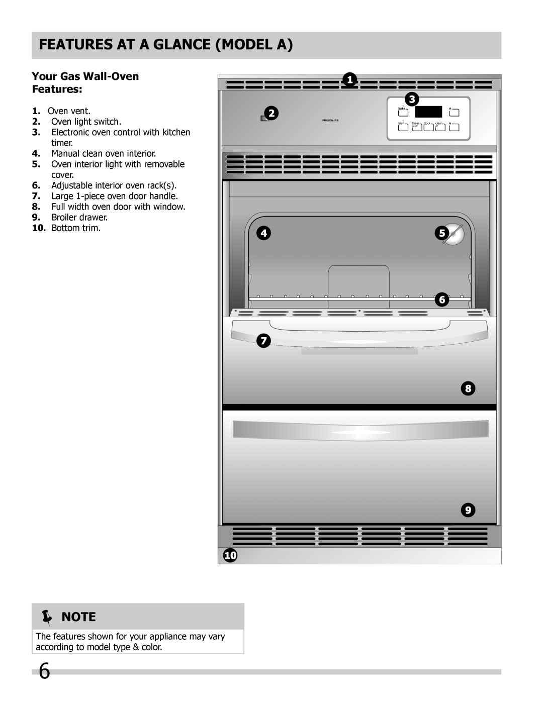 Frigidaire 318200964 important safety instructions FEATURES AT A GLANCE model A, Your Gas Wall-Oven Features,  Note 