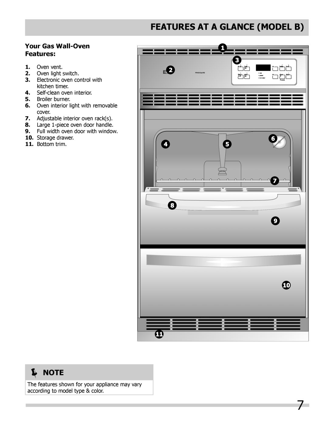 Frigidaire 318200964 important safety instructions FEATURES AT A GLANCE Model B,  Note, Your Gas Wall-Oven Features 