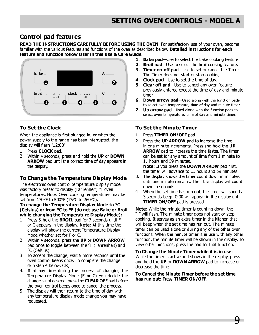 Frigidaire 318200964 Setting OVEN controls - Model A, Control pad features, To Set the Clock, To Set the Minute Timer 