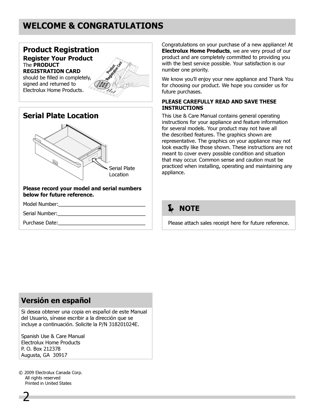 Frigidaire 318201024 Welcome & Congratulations, Register Your Product, Please Carefully read and save these instructions 