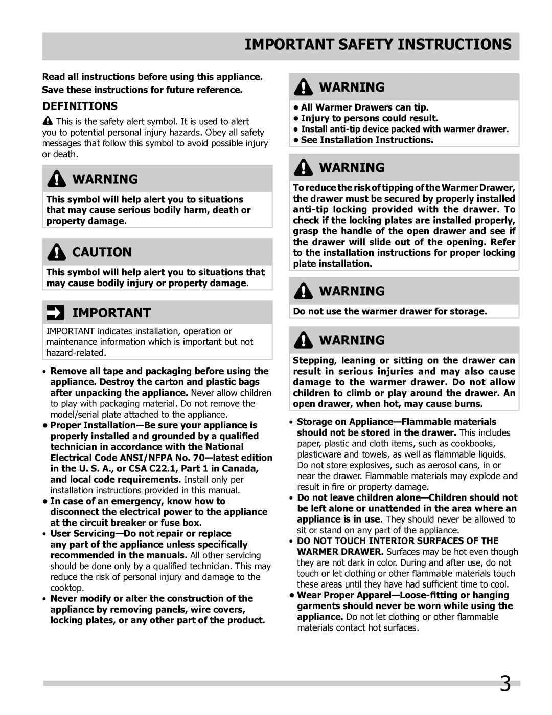 Frigidaire 318201024 important safety instructions Important Safety Instructions, Definitions 