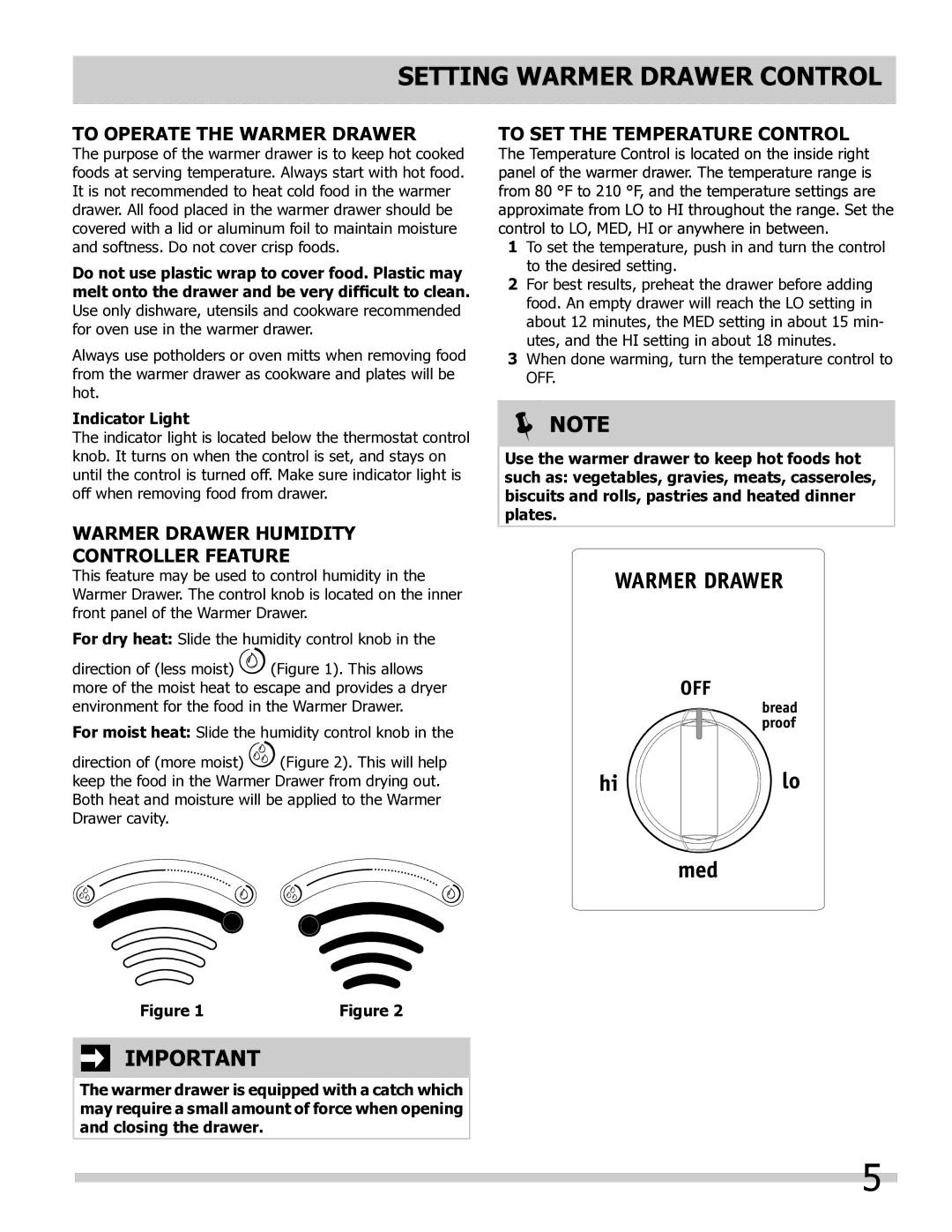 Frigidaire 318201024 Setting Warmer Drawer control, To Operate the Warmer Drawer, To Set the Temperature Control 