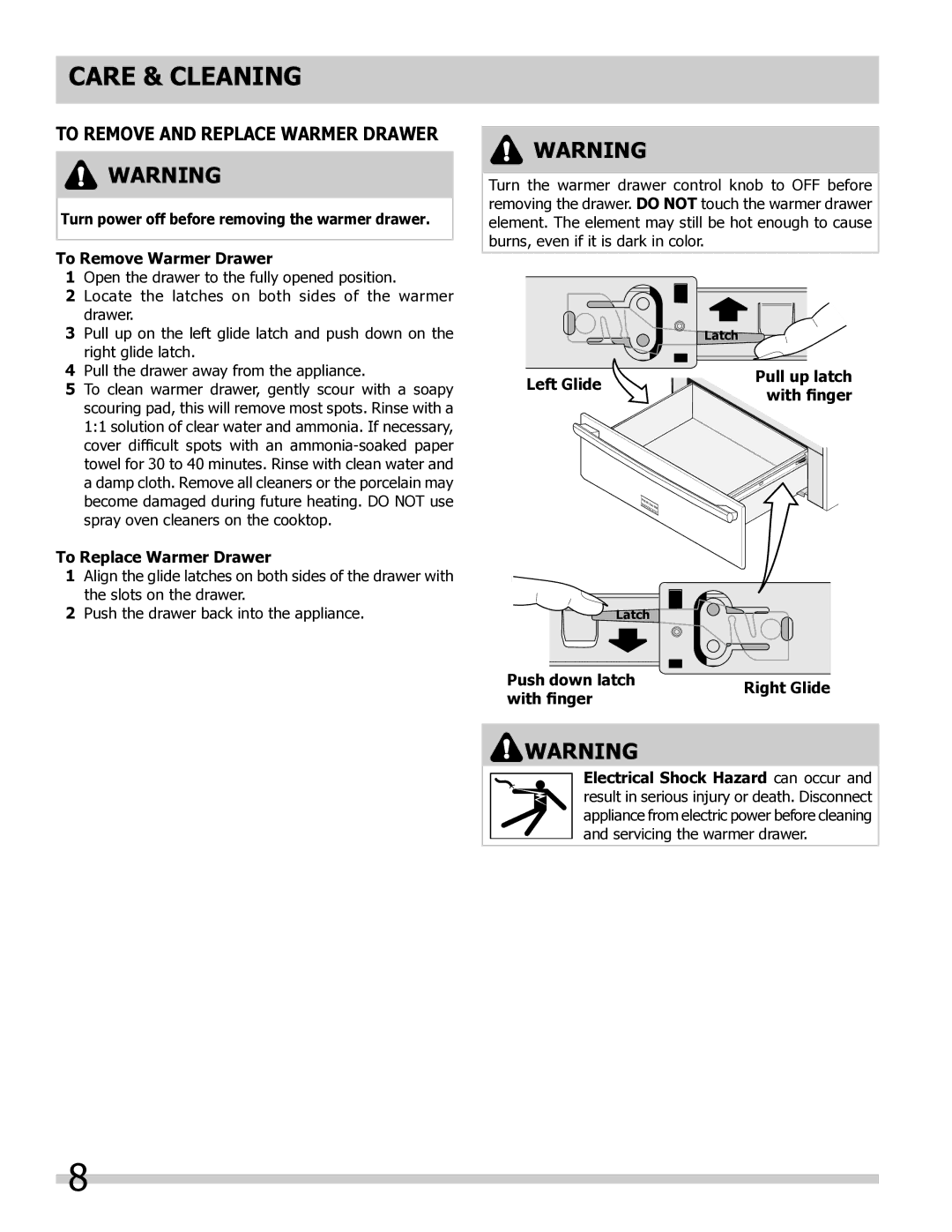 Frigidaire 318201024 Care & cleaning, To Remove and Replace Warmer Drawer, To Replace Warmer Drawer 