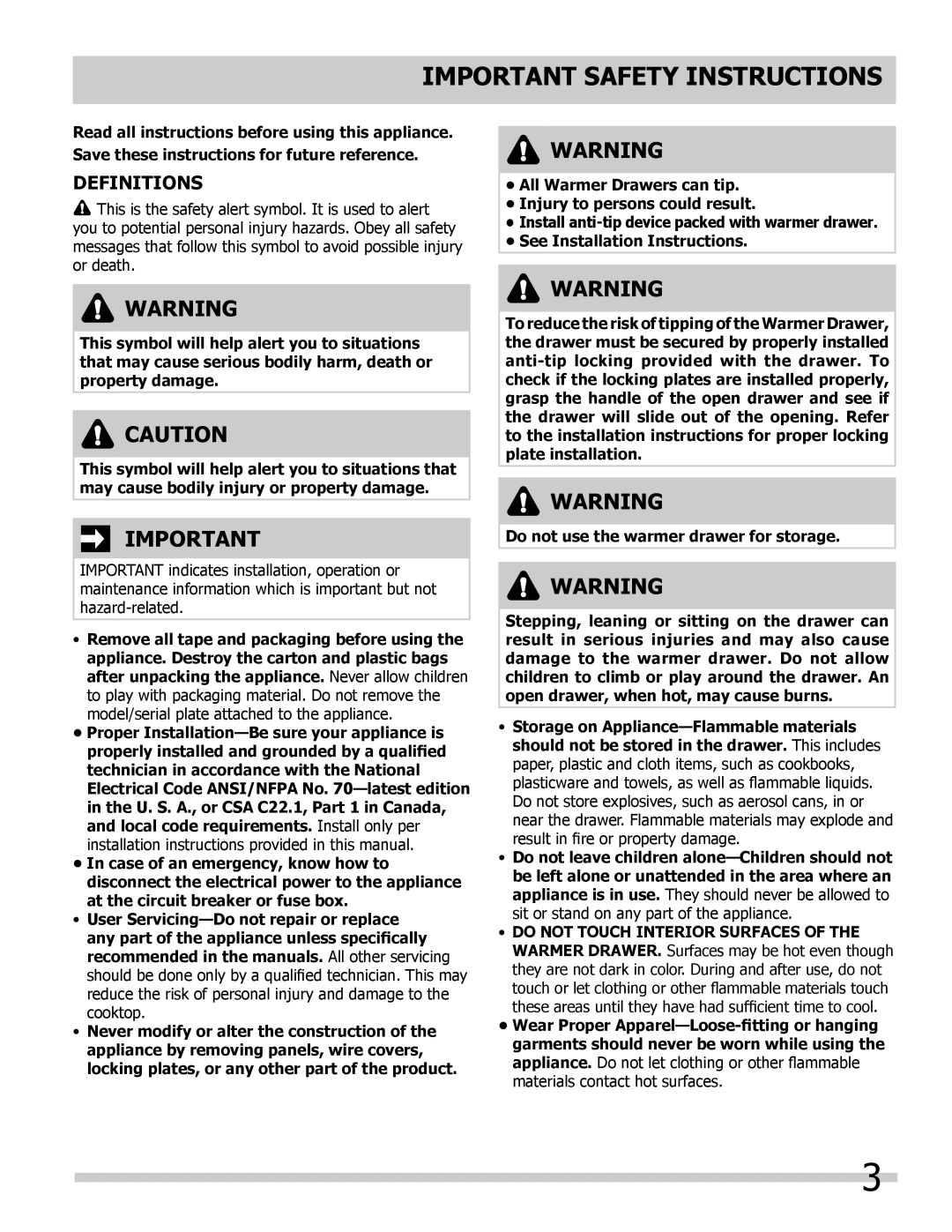Frigidaire 318201024 important safety instructions Important Safety Instructions, Definitions 