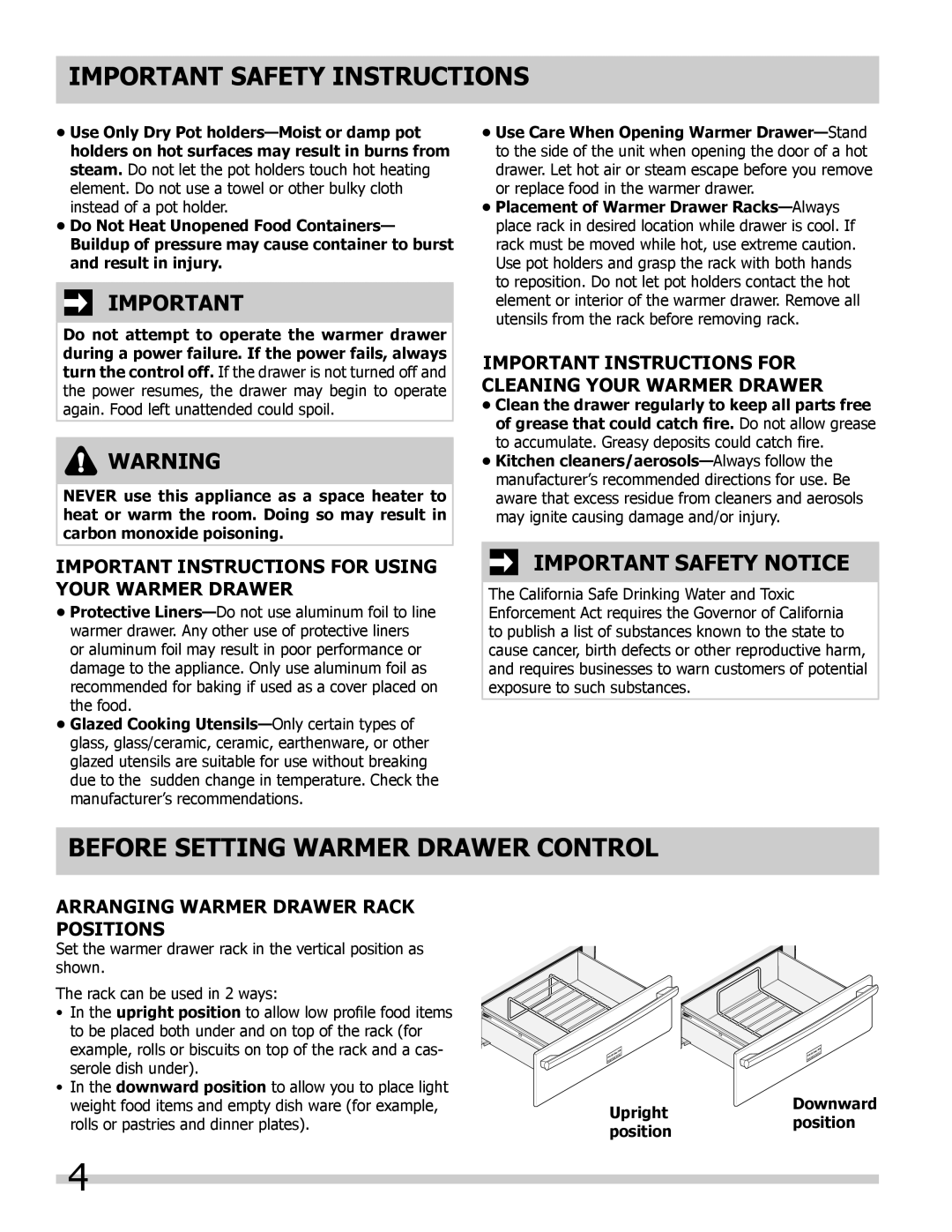 Frigidaire 318201024 before setting WARMER DRAWER control, Important Safety Notice, Important Safety Instructions 