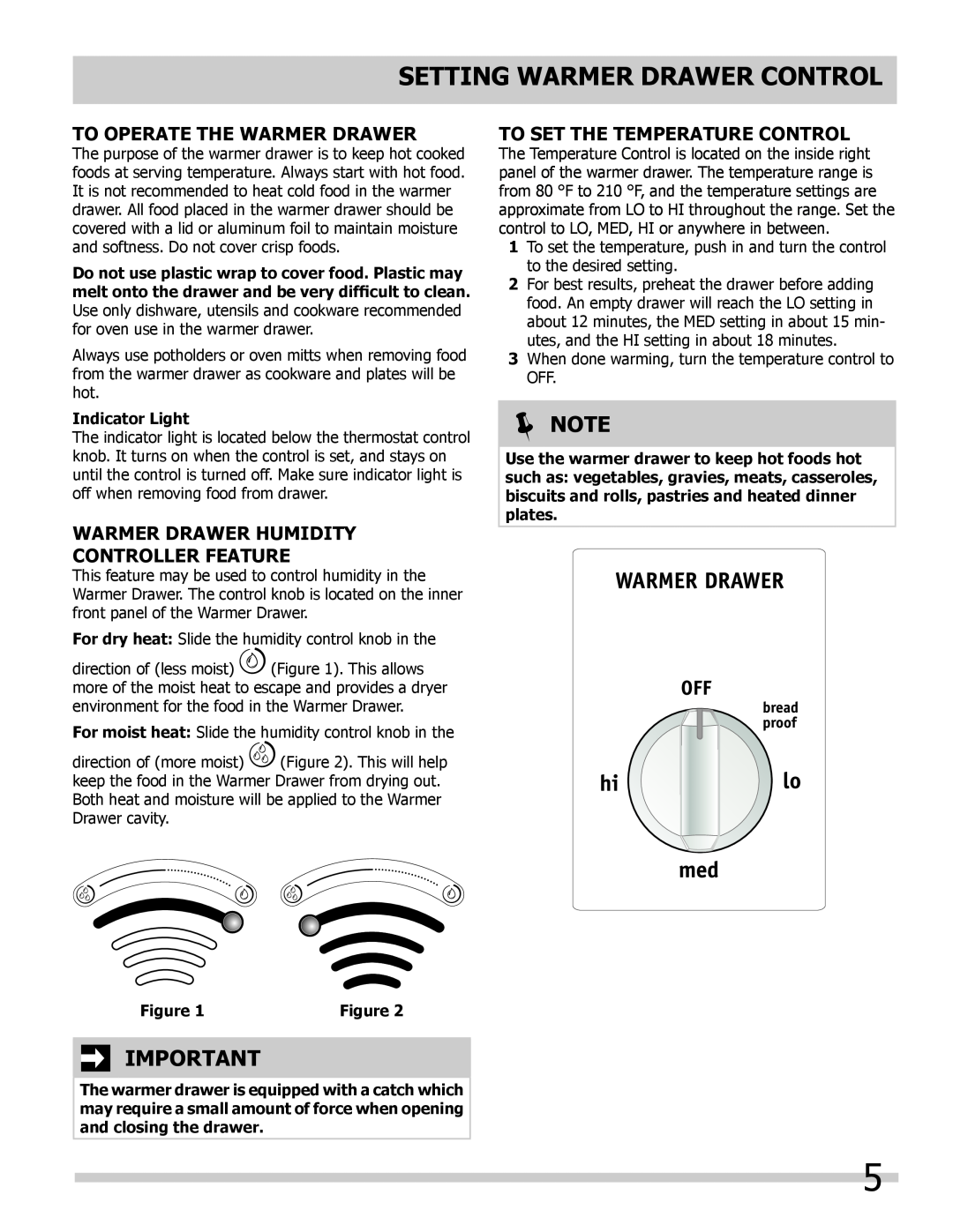 Frigidaire 318201024 setting WARMER DRAWER control, Note, To Operate the Warmer Drawer, To Set the Temperature Control 